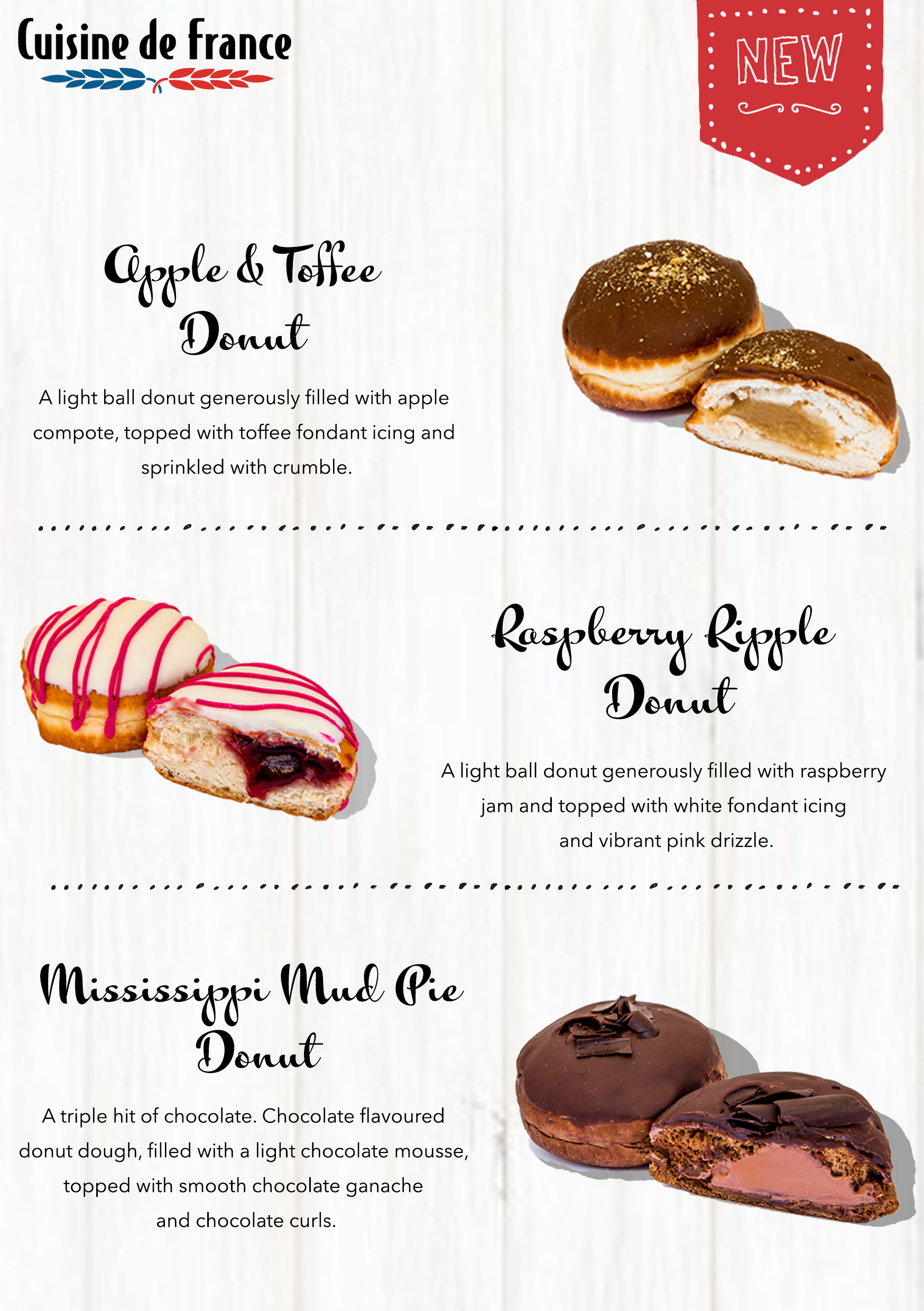 Description of the three new flavour filled donuts